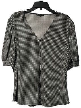 Adrianna Papell XL Polka Dot Blouse | V-Neck Button Front | Puff Sleeve Top